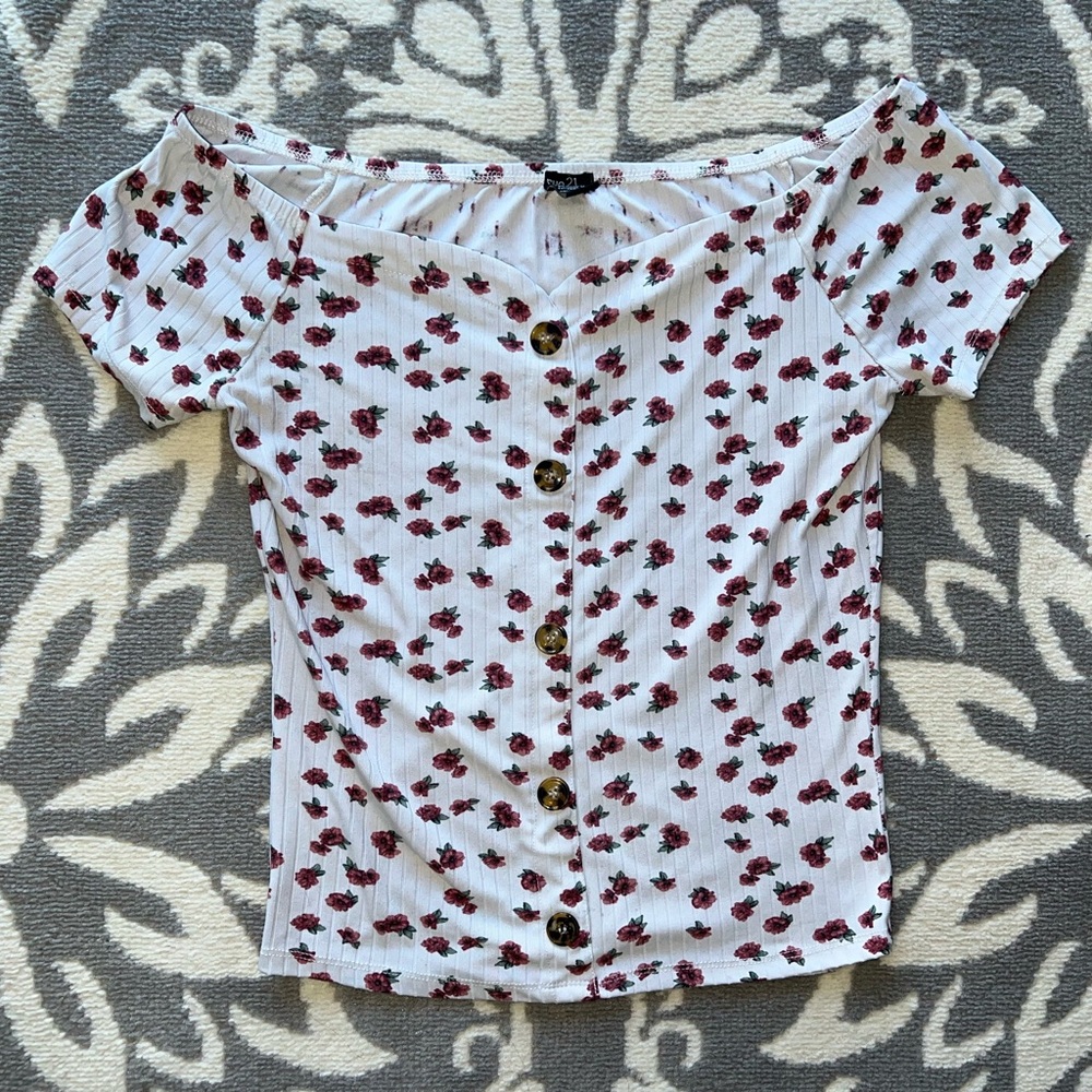 Rue 21 Shirt Off the Shoulder White Floral button Spring Top Size XL